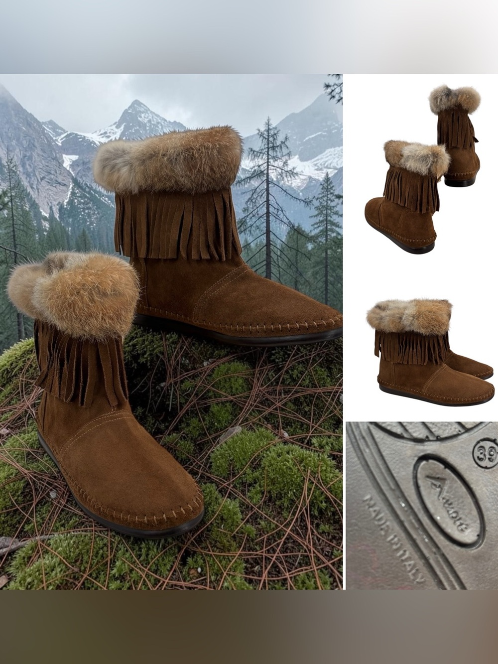 Amore Suede Leather Fringe Moccasin Booties with Fur Trim Sz. 39/8.5
